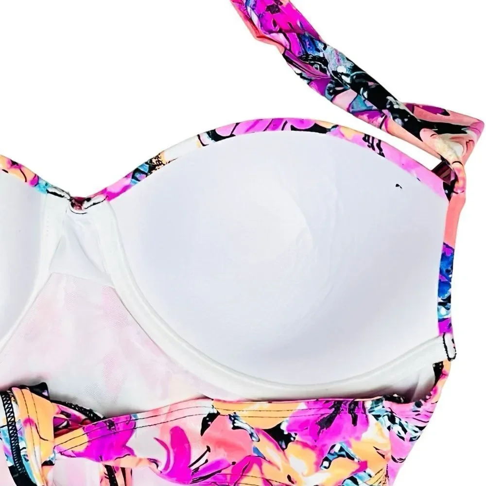 Coco Reef Pink Tropical Floral Pink Swimsuit Soft Cup Underwire Adjustable Top 8